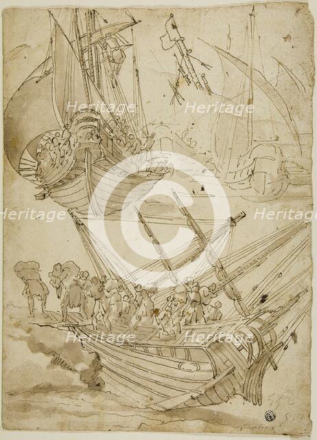 Crew Abandoning Ship (recto) Sketches of Corinthian Columns (verso), c.1600. Creator: Lazzaro Tavarone.