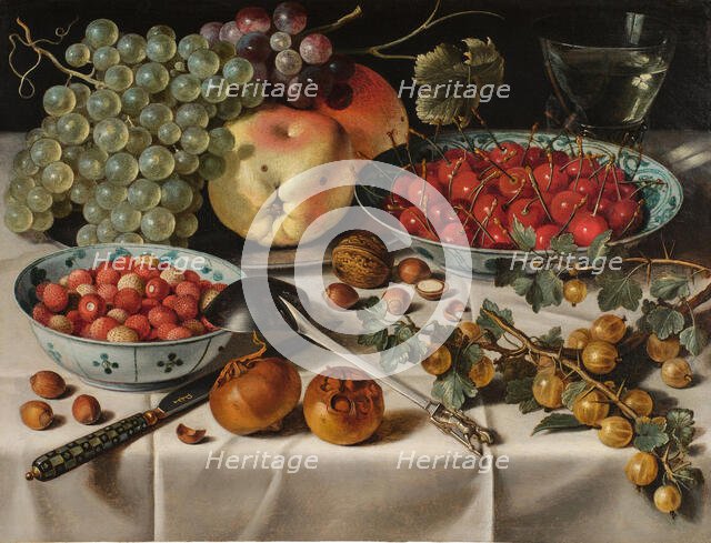 Still Life with Wild Strawberries and Cherries in Two Porcelain Bowls, First Half of 17th cen.. Creator: Claesz, Pieter (c. 1597-1660).