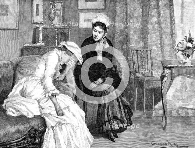 Sophy, huddled upon the sofa,...her...hands hiding her pretty face, answered only by her sobs, 1883. Creator: R. Taylor.