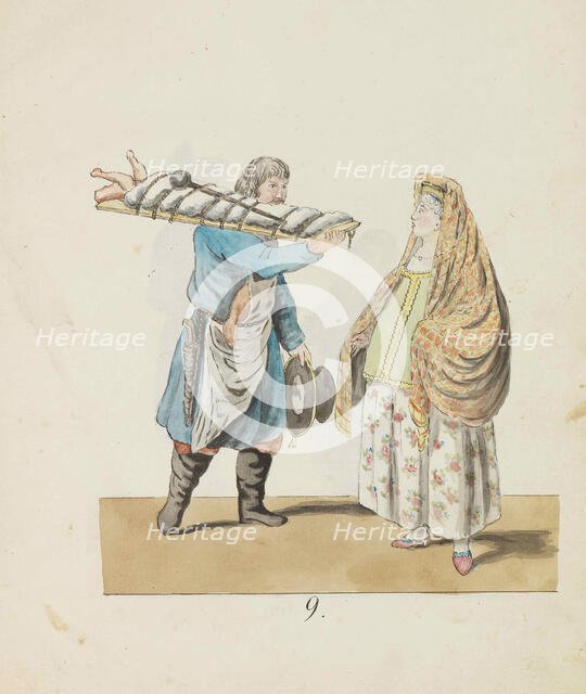 Butcher with pig on the board and merchant woman (From the series The St. Petersburg...), 1799. Creator: Geissler, Christian Gottfried Heinrich (1770-1844).