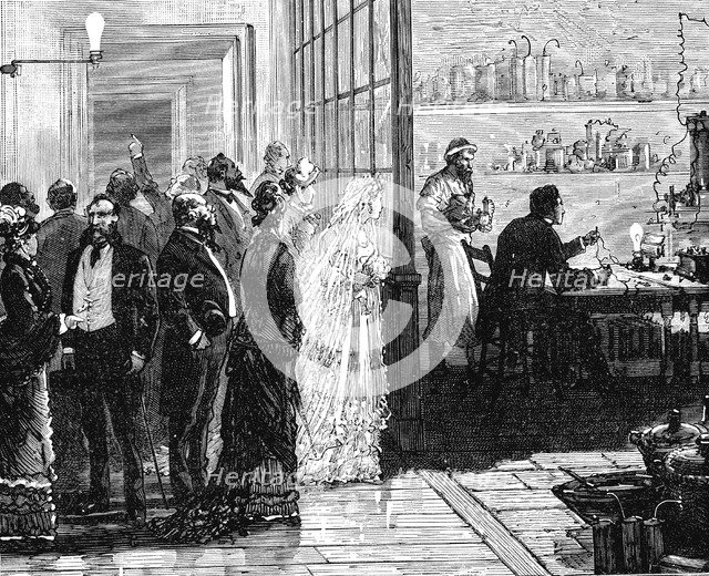 Thomas Edison experimenting with electric lamps on his wedding day, 1871 (1883). Artist: Unknown