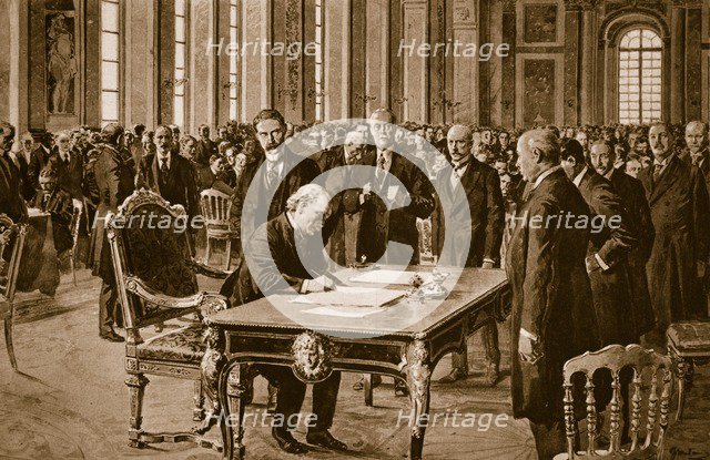 Britain's Prime Minister signing the Treaty of Peace with Germany in the Hall of Mirrors at Versaill