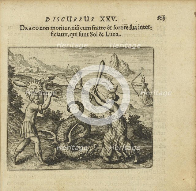 Emblem 25. The dragon does not die unless killed by his brother and sister, which are Sol..., 1618. Creator: Merian, Matthäus, the Elder (1593-1650).