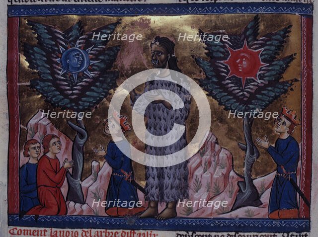 Alexander the Great standing before the oracles of the two trees..., c1285.  Creator: Unknown.