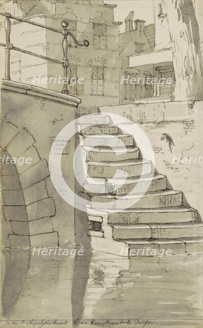 Stairs to the canal on the Koorstraat in Delft, c.1783-c.1797. Creator: Johannes Huibert Prins.