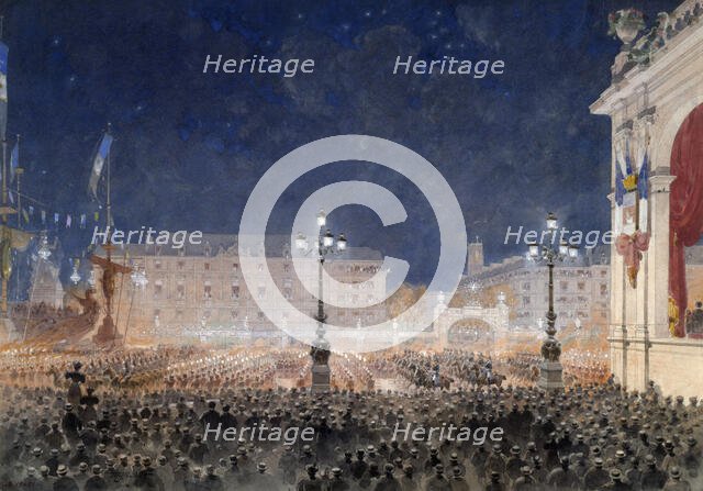 Torchlight retreat on Place de l'Hotel de Ville. Franco-Russian celebrations, October 1893, 1893. Creator: Hoffbauer, Feodor (Fédor) (1839-1922).