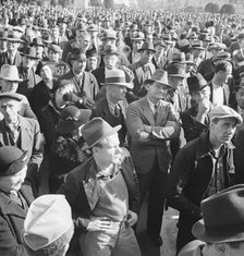 Listening to speeches at mass meeting of WPA workers..., San Francisco, California, 1939. Creator: Dorothea Lange.