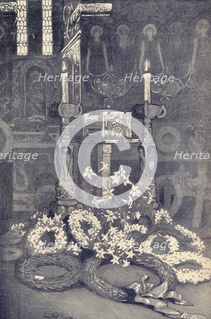 'The Cinerary Casket of G. F. Watts, R.A. Compton Mortuary Chapel, Thursday, 7 July, 1904', c1904. Artist: Winifred Cooper.