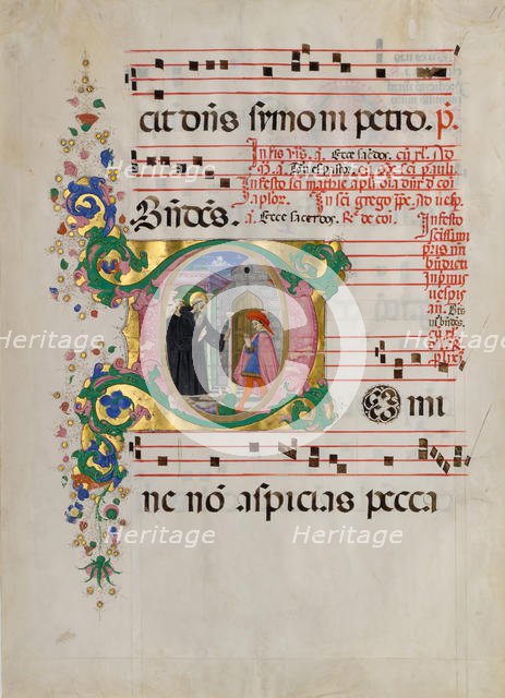 Manuscript Leaf with Saint Benedict Resuscitating a Boy in an Initial D..., second half 15th century Creator: Master of the Riccardiana Lactantius.