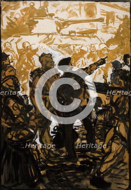 Unity of Strength WWII poster: Troops and tank moving through crowded..., between 1939 and 1946. Creators: Central Office of Information, Unknown.