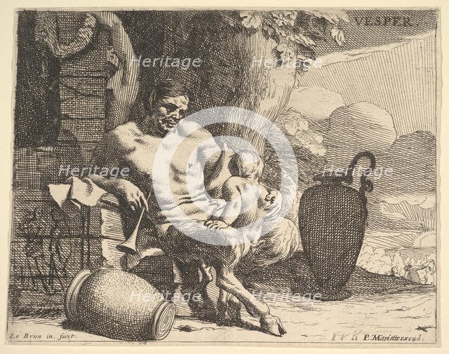 Evening: a seated satyr clasps his child, a figure hangs a garland on a pier beyond, f..., ca. 1640. Creator: Charles le Brun.