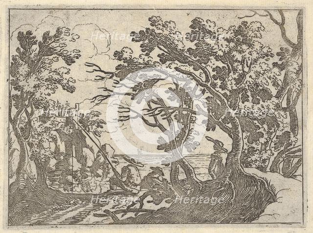 Landscape with onshore fisherman and male onlooker under trees, a man in a boat bow..., ca. 1620-50. Creator: Remigio Cantagallina.