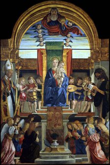 The Virgin and Child Enthroned with God the Father and Saints Hilarius and John the Baptist, 1499. Artist: Caselli, Cristoforo (ca 1460-1521)