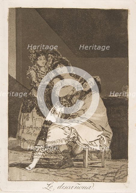 Plate 35 from 'Los Caprichos': She fleeces him (Le descañona.), 1799. Creator: Francisco Goya.