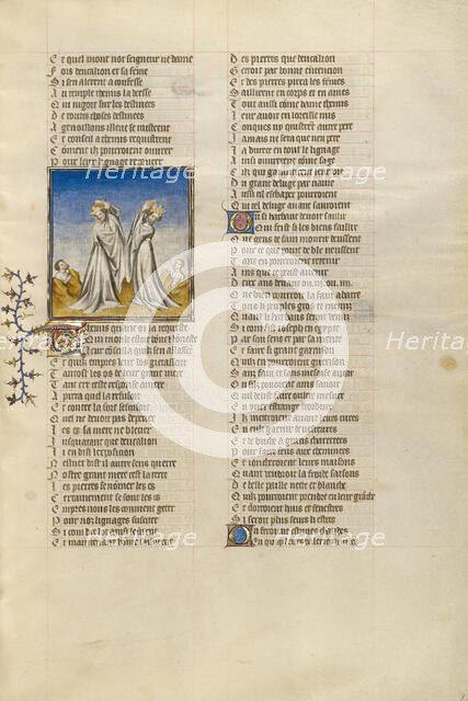 Dukalion and Pyrrha Throwing Stones over their Shoulders; Roman de la Rose, about 1405. Creator: Unknown.