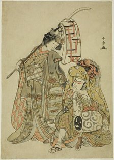 The Actors Nakamura Nakazo I as Onmaya Kisanda Dressed as Kakubei the Lion Dancer (Kaku..., c. 1777. Creator: Shunsho.