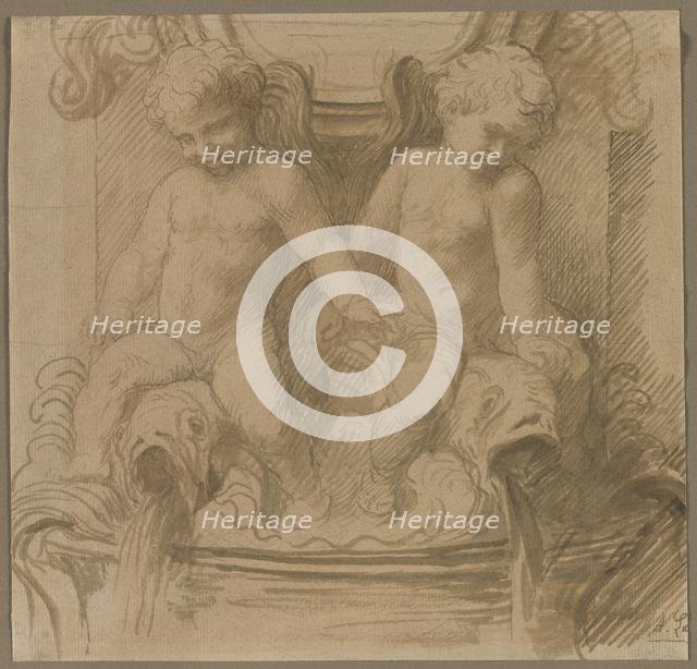Fountain with Putti Riding Dolphins, last half 1800s. Creator: Alphonse Legros (French, 1837-1911).