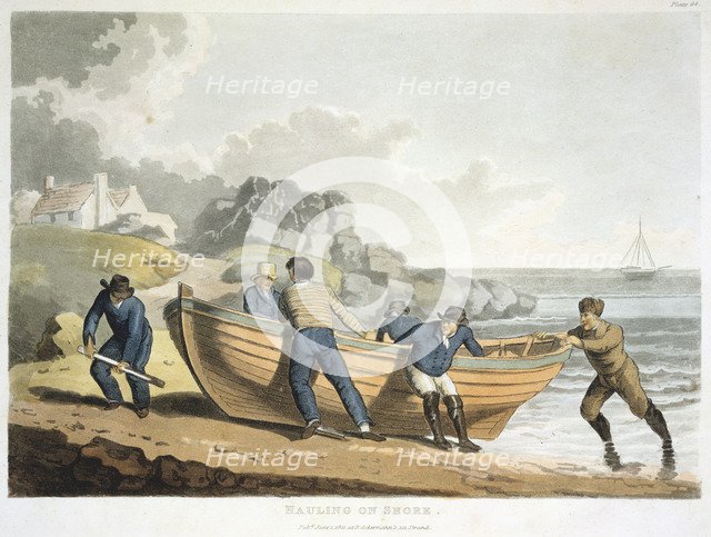 Seamen hauling a clinker-built dinghy up onto the shore, 1821. Artist: Unknown