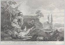 Adam and Eve at left, as an elderly couple, mourning over the corpse of Abel who lies i..., 1743-63. Creator: Pietro Monaco.
