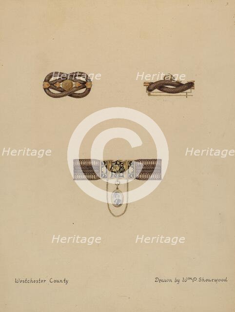 Brooch and Bracelet with Portrait, c. 1936. Creator: William P. Shearwood.