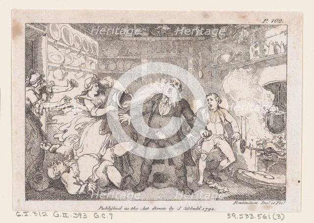 Hostess Discharges a Pan of Blood into the Face of Parson Andrews, from "The Adventures of..., 1792. Creator: Thomas Rowlandson.