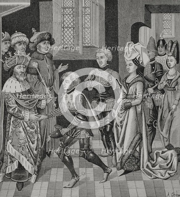 Coloman, (1070-1116), King of Hungary receiving Walter Sans Avoir..., 15th century (1877).  Creator: Unknown.