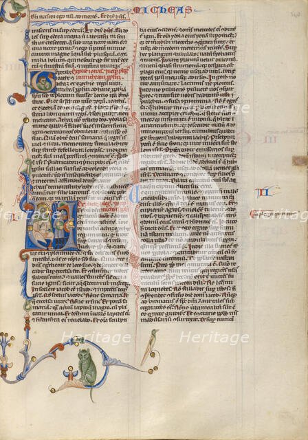 Initial V: Micah Addressing a Group of Soldiers; Abbey Bible, about 1250-1262. Creator: Unknown.