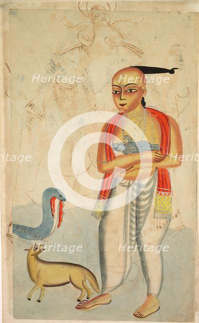 Vasudeva (Krishna's Father) Fleeing with Krishna Encounters a Cobra and a Jackal , 1800s. Creator: Unknown.