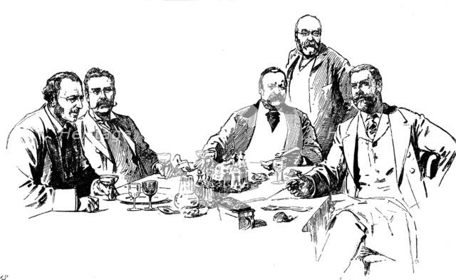 A Luncheon-Table at the Reform Club: Mr. James Payn and four of his friends, 1898. Creator: Unknown.