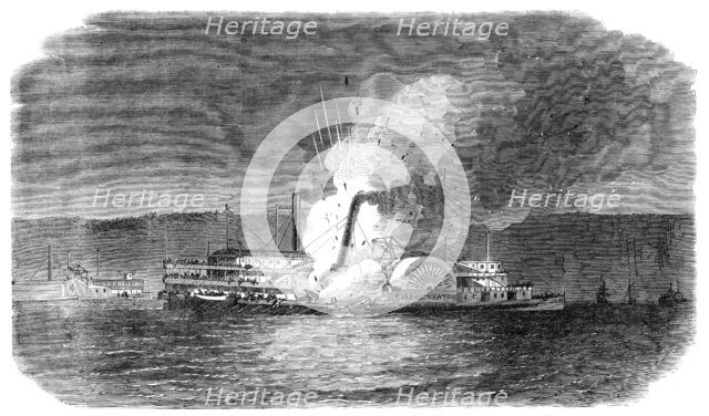 Burning of the American river steamer Isaac Newton on her way from New York to Albany, 1864. Creator: Unknown.