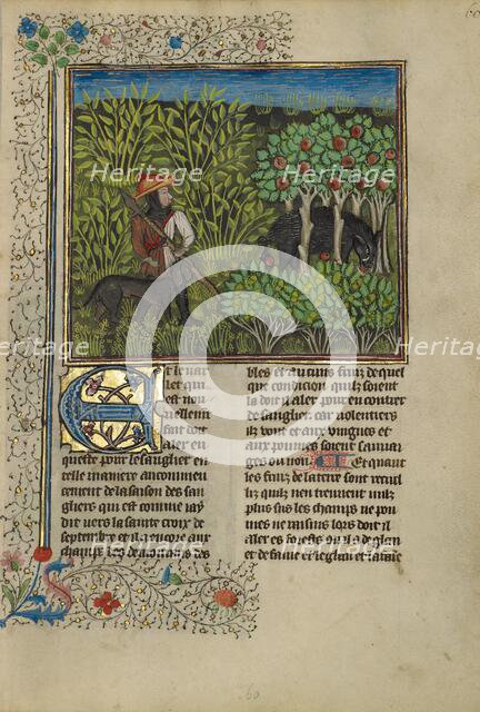 A Hunter and a Dog Tracking a Wild Boar; Livre de la Chasse, about 1430-1440. Creator: Unknown.