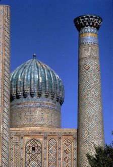 Decoration on tower and dome of Shir-Dar Madrasa, Samarkand. Uzbekistan, c20th century. Artist: CM Dixon.