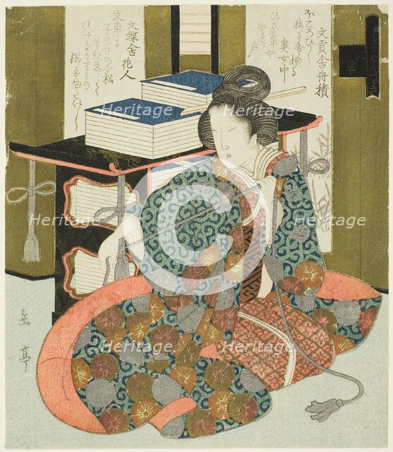 A Woman Pulling the Cord of a Wheeled Book Case, from the series "A Set of Seven...", c. 1825. Creator: Gakutei.