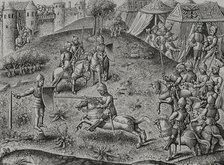 Exercise of quintain, mid 15th century, (1877). Creator: Unknown.