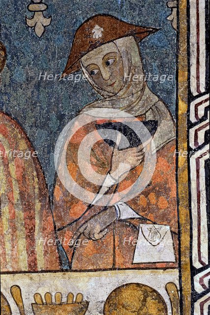 Mural of the old refectory of the Cathedral of Lleida, tempera painting, detail of various banque…