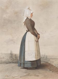 Apparel - woman standing in full figure with white apron, 1810-1857. Creator: Otto Wallgren.