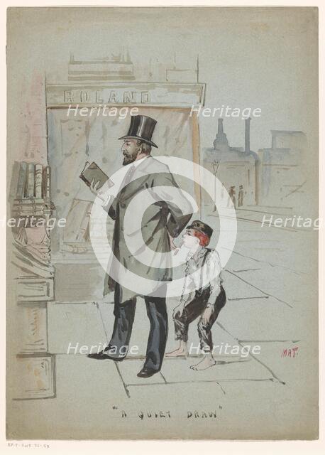 Boy secretly takes a puff of a cigar held by a man looking at books, c.1900-c.1950. Creator: Mat.