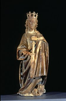 Figure holding the book that contains the epitaph, sculpture from the tomb of Bishop Bernat de Pa…