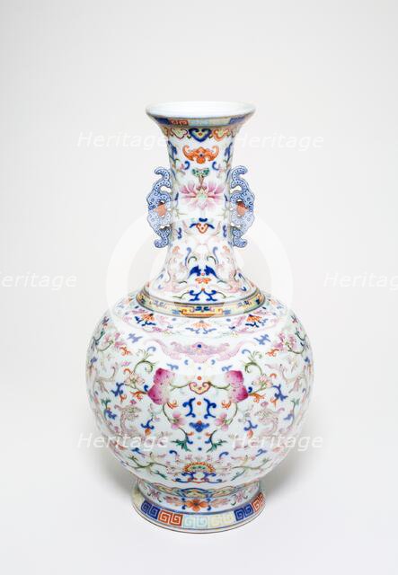 One of a pair of famille-rose 'lotus' bottle vases, Qing dynasty, Qianlong reign(1736-1795). Creator: Unknown.