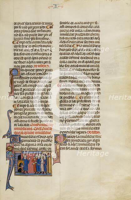 Initial U: A Man with a Horse Greeting a Group of Men; Vidal Mayor, about 1290-1310. Creator: Unknown.