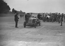 Lea-Francis, Delage and Bentley at a Surbiton Motor Club race meeting, Brooklands, Surrey, 1928. Artist: Bill Brunell.