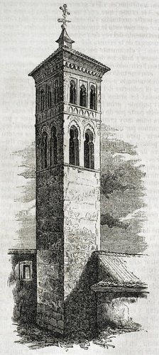 Tower of the Church of San Román,  Toledo, Spain, 1852. Built in the 13th century in Mudejar style.  Creator: Unknown.