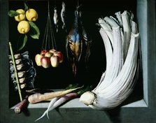  'Hunting, fruit and vegetables' ', 1602, by Juan Sanchez Cotan.