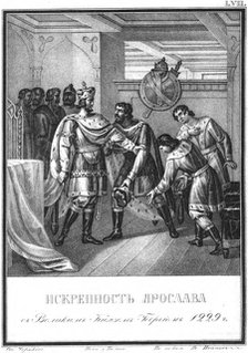 The sincerity of Yaroslav to Georgy Vsevolodovich. 1229 (From Illustrated Karamzin), 1836. Artist: Chorikov, Boris Artemyevich (1802-1866)