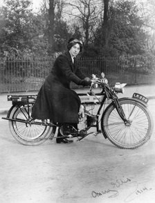 A woman on a Douglas motorbike, 1914. Artist: Unknown