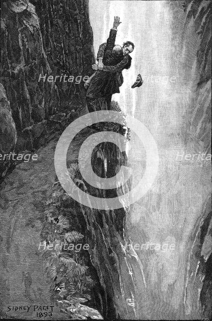 Holmes and Moriarty fighting over the Reichenbach Falls. Illustration for the short story The Final Problem by Arthur Conan Do, 1896. Artist: Paget, Sidney Edward (1860-1908)