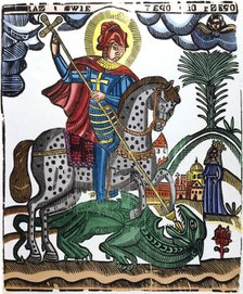 St George, mounted on a spotted horse, killing the dragon, 19th century. Artist: Anon