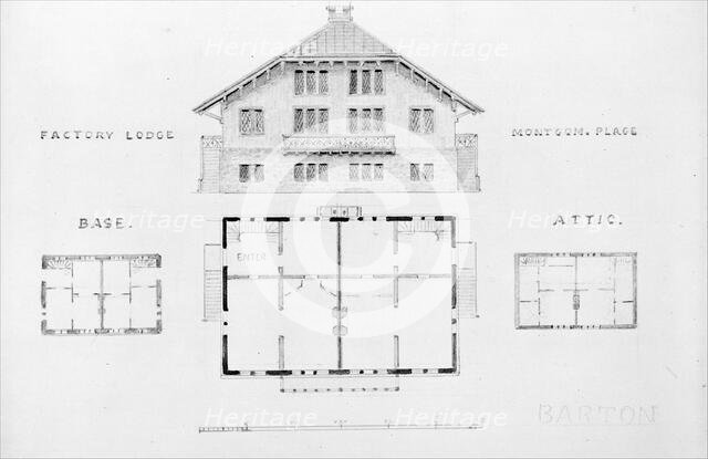 Switz[erland] Cottage (elevation and three plans), and Factory Lodge..., 1866-67. Creator: Alexander Jackson Davis.