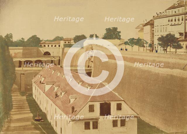 View from the Waterworks to the Powder Magazine and the bridges of the Old and New..., 1858. Creator: Unknown.