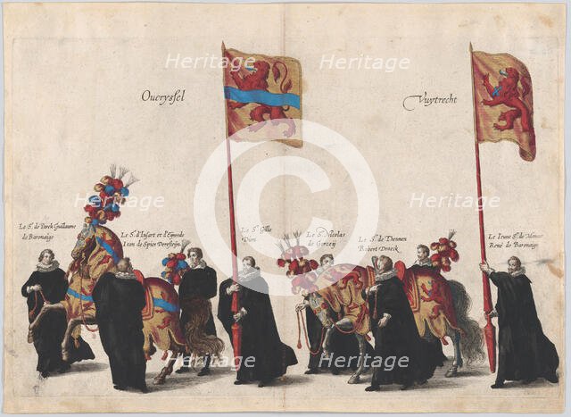Plate 32: Men with heraldic flags and horses from Overijssel and Utrecht marching in the f..., 1623. Creator: Cornelis Galle I.